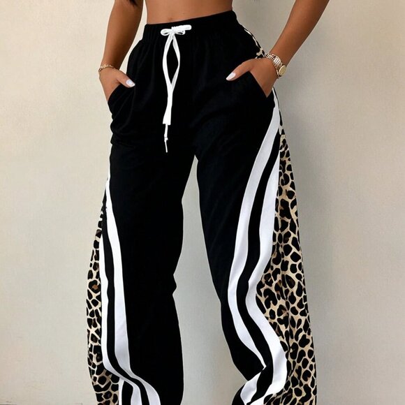 Black Casual Women's Striped Drawstring Pocket Pants - Picture 1 of 6